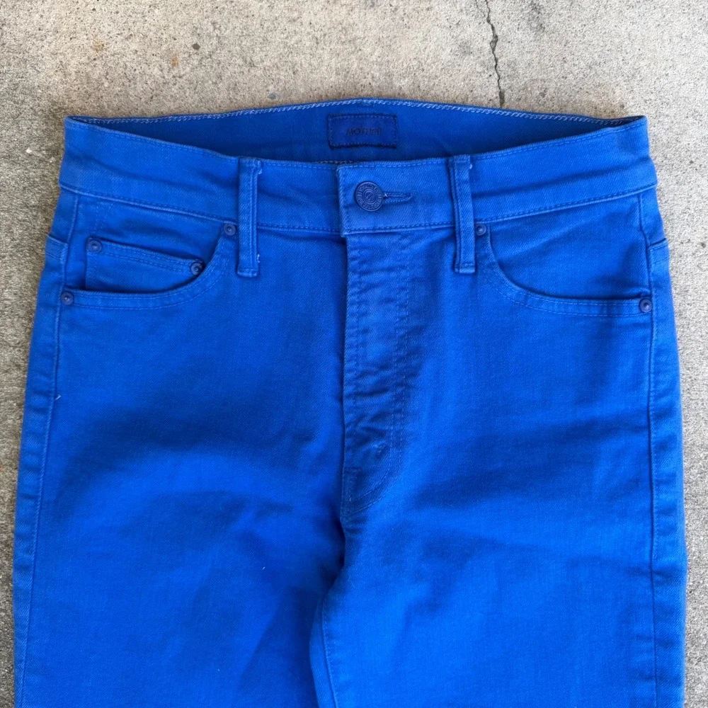 Mother Denim High Rise Flare Jeans Cobalt Blue Raw Hem Frayed 26